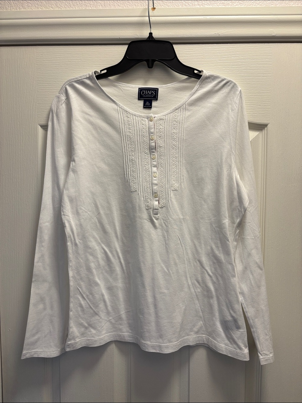 Chaps White Long-Sleeve Henley with Pintuck Detail